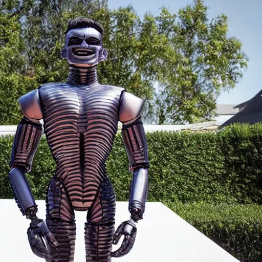 Image similar to a realistic detailed photo of a guy who is an attractive humanoid who is half robot and half humanoid, who is a male android, wrestler finn balor, shiny skin, posing like a statue, blank stare, by the pool, on display, showing off his muscles, humanoid robot, frozen ice statue