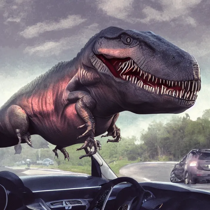 Prompt: t-rex driving a very small car in heavy traffic , digital art, 4k