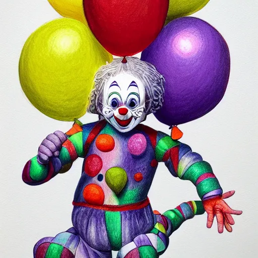 Image similar to Colored pencil art on paper, Clown with balloons fully body portrait, highly detailed, artstation, MasterPiece, Award-Winning, Caran d'Ache Luminance