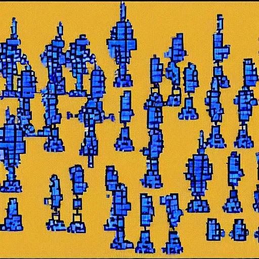 Image similar to tiny blue aliens made of living pixels, resembling knights and nobles. blue skin, colorful hair, feudal society. examined by human scientists, human for scale.