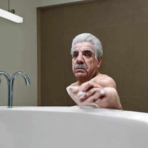 Image similar to phil leotardo in a bathroom washing his hands, realistic, photorealistic, 8 k