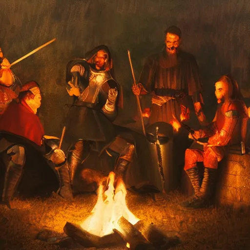 Image similar to a painting of medieval knights toasting marshmallows and making s'mores around the campfire in the style of howard pyle. volumetric lighting. 8 k resolution. best detail. trending on artstation trending on deviantart