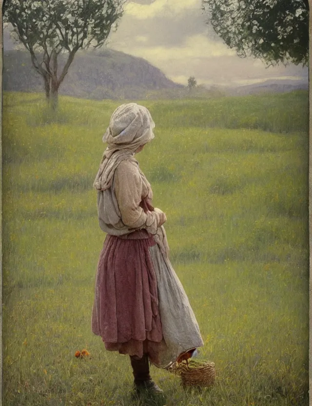 Image similar to peasant girl drawing a landscape on a canvans on an easel, cottage core, cinematic focus, polaroid photo bleached vintage pastel colors high - key lighting, soft lights, foggy, by steve hanks, by lisa yuskavage, by serov valentin, by tarkovsky, detailed, oil on canvas