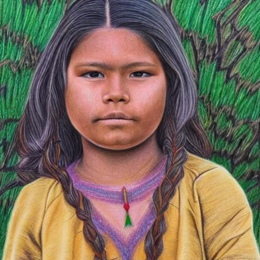 Prompt: a beautiful first nation girl, ultra detailed colored pencil drawing in style bellerose and desjarlais,