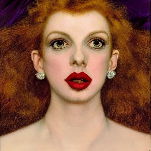 Image similar to portrait of a hybrid of judy garland and lady gaga with marfan syndrome, full lips, downward slanting eyes, with a brown fringe, holman hunt, john william waterhouse, kilian eng, rosetti, john everett millais, william holman hunt, 4 k