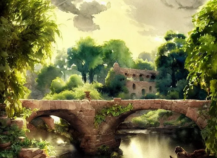 Image similar to watercolor of rustic stone bridge with mural, ivy, summer daylight, bright clear day, clouds, high detailed art by dennis miller bunker, work by anders zorn, wonderful masterpiece by greg rutkowski, beautiful cinematic light, american romanticism by greg manchess, creation by tyler edlin