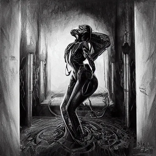 Image similar to lie and tell me things, better things, i can't escape this pain! dream horrifying artwork by nekro, borja, syd mead, zdislaw cosmic horror charcoal artwork, surreal existentialism