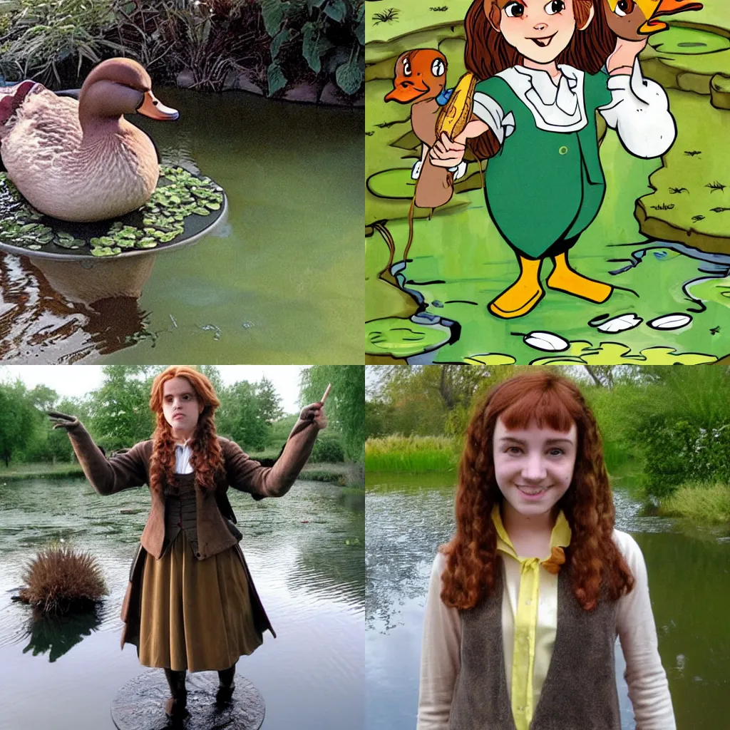 Prompt: Hermione as duck in a pond. Quack! @MarioManiacDude