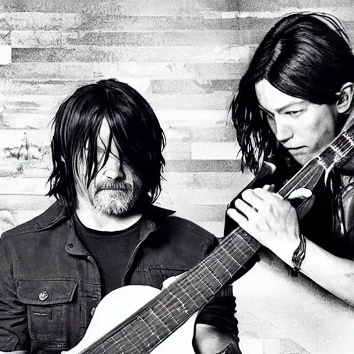 Image similar to norman reedus playing the guitar saying uhhh what wait what huh pham sandwich