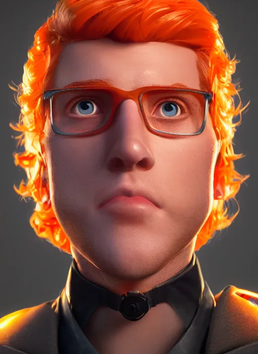 Image similar to glowwave portrait of curly orange hair man as a agent, au naturel, hyper detailed, digital art, trending in artstation, cinematic lighting, studio quality, smooth render, unreal engine 5 rendered, octane rendered, art style by pixar warner bros dreamworks disney riot games and overwatch