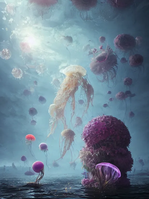 Image similar to a fancy portrait of a giant floating flower and jellyfish by Greg Rutkowski, Sung Choi, Mitchell Mohrhauser, Maciej Kuciara, Johnson Ting, Maxim Verehin, Peter Konig, Bloodborne, beeple, 8k photorealistic, cinematic lighting, HD, high details, atmospheric , trending on artstation. made in Maya, Blender and Photoshop, octane render, excellent composition, cinematic dystopian brutalist atmosphere, dynamic dramatic cinematic lighting, aesthetic, very inspirational, arthouse. y Greg Rutkowski, Ilya Kuvshinov, WLOP, Stanley Artgerm Lau, Ruan Jia and Fenghua Zhong