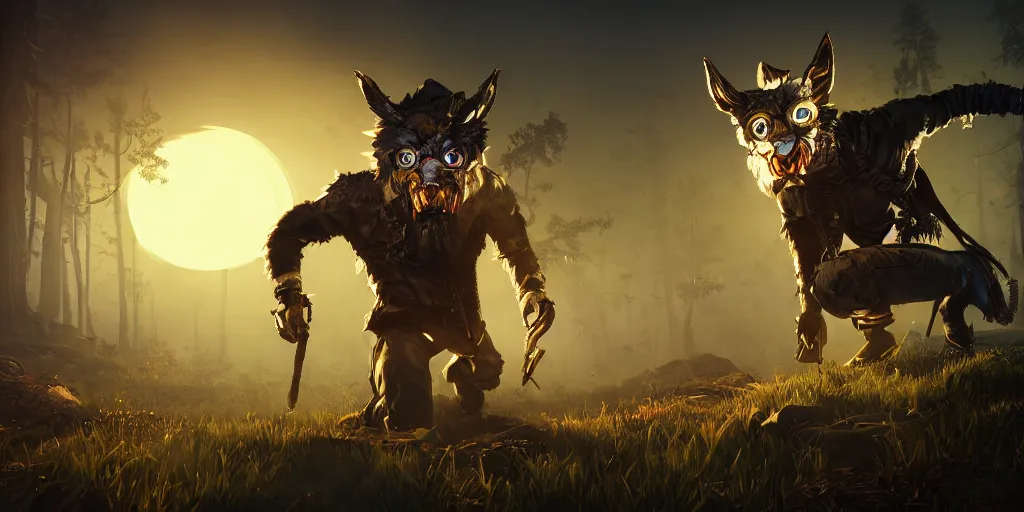 Image similar to woodsman wearing a steampunk and neonpunk mechanical fluorescent mystical animal mask in strange misty mountain landscape fight with werewolf, night, realism in style of fornite game, 4 k, octane render, award winning photograph, epic cinematic shot, perfectly defined features, ambient occlusion