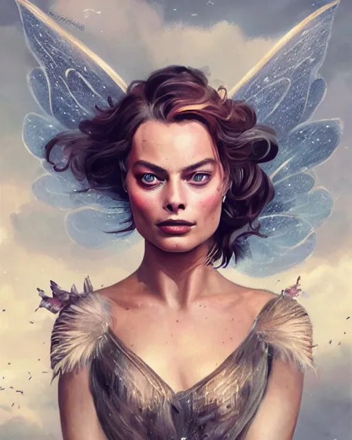 Prompt: margot robbie as a fairy with wings, hyper realistic face, beautiful eyes, fantasy art, in the style of greg rutkowski