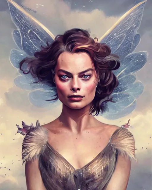 Image similar to margot robbie as a fairy with wings, hyper realistic face, beautiful eyes, fantasy art, in the style of greg rutkowski