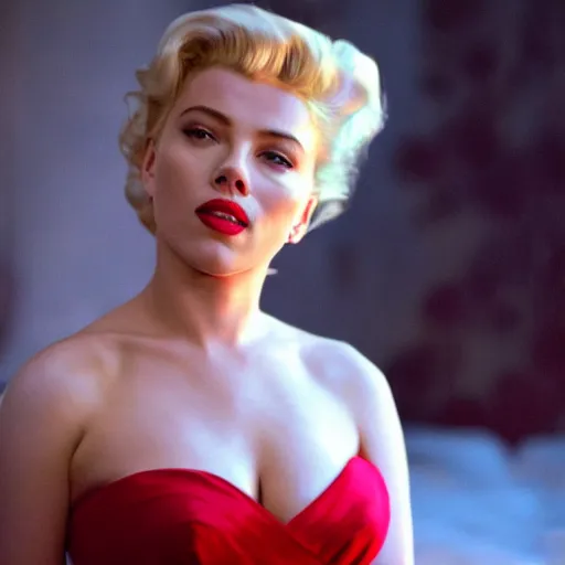 Image similar to stunning awe inspiring scarlett johansen as marilyn monroe, movie still 8 k hdr atmospheric lighting