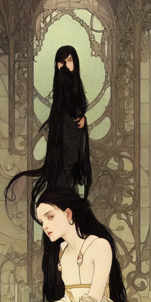 Image similar to a lonely young girl with straight long black hair wearing black dress that sitting on bathroom floor, art by artgem, greg rutkowski and alphonse mucha