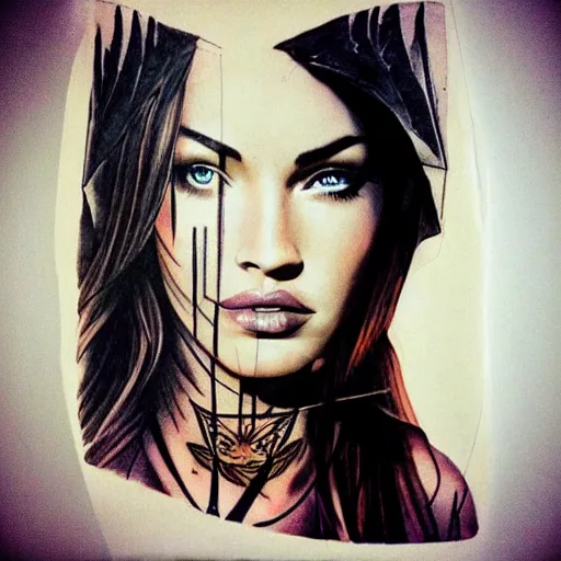 Image similar to hyper realism tattoo sketch of megan fox face professional double exposure art with beautiful mountain scenery, in the style of matteo pasqualin, amazing detail, sharp, faded