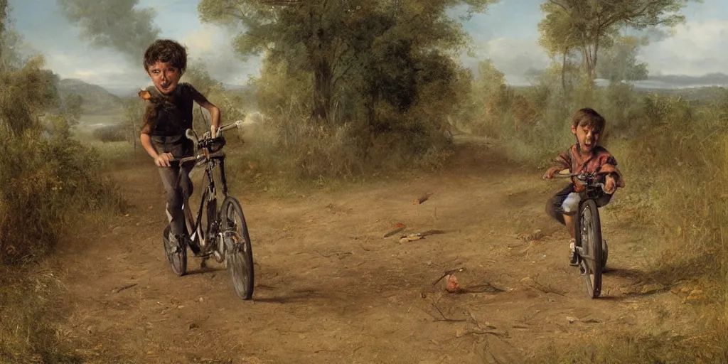 Prompt: artwork by eugene von guerard, a kid on a bike speeding away from zombies