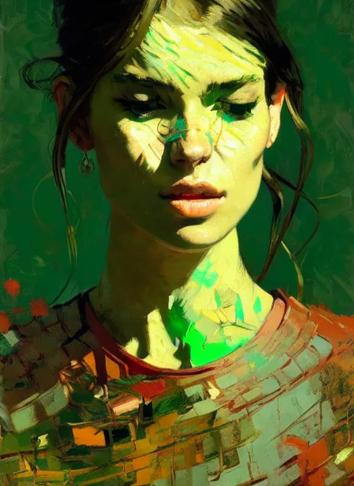 Image similar to portrait of a beautiful girl, eyes closed, open mouth, shades of green, beautiful face, rule of thirds, intricate outfit, spotlight, by greg rutkowski, by jeremy mann, by francoise nielly, by van gogh, digital painting