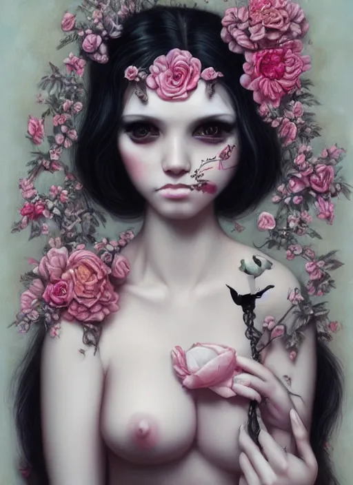 Prompt: pop surrealism, lowbrow art, realistic seductive cute woman painting, long black hair, japanese shibari with flowers, hyper realism, muted colours, rococo, natalie shau, loreta lux, tom bagshaw, mark ryden, trevor brown style,