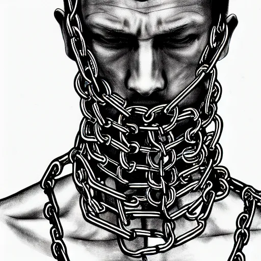 Image similar to A PORTRAIT FROM BEHIND OF A MAN ,THE THE MAN IS WRAPPED IN CHAINS ,detailed, concept art, ink style , sketch