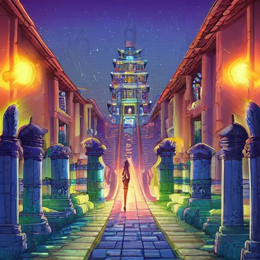 Image similar to street view of gigantic temple city at night by cyril rolando and naomi okubo and dan mumford and ricardo bofill