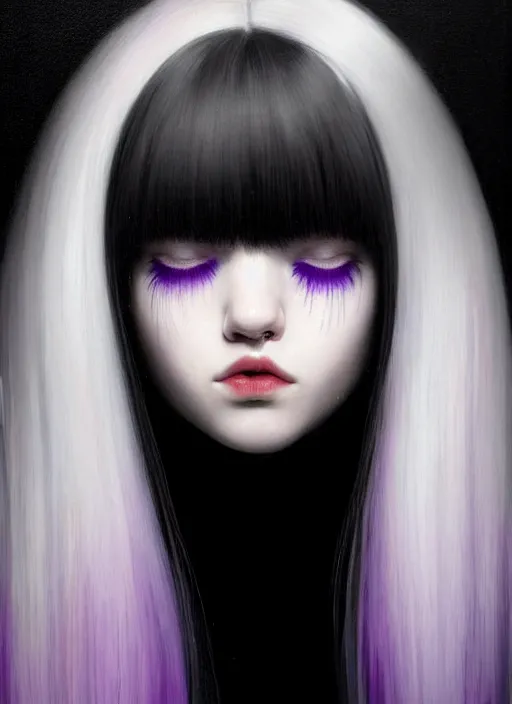 Image similar to hair whitebangs hair, black hair, whitebangsblackhair, portrait of teenage girl with white bangs, red irises, purple clothes, white bangs, bangs are different color from hair, intricate, elegant, glowing lights, highly detailed, digital painting, artstation, concept art, sharp focus, illustration, art by wlop, mars ravelo and greg rutkowski