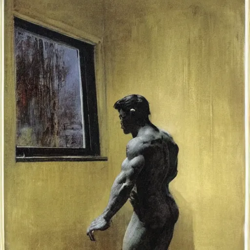 Prompt: a man looking out a window, frank frazetta,