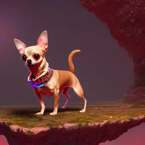 Image similar to a transcendent chihuahua living in an extradimensional reality, in the style of wlop, illustration, epic, fantasy, hyper detailed, smooth, unreal engine, sharp focus, ray tracing, physically based rendering, renderman, beautiful