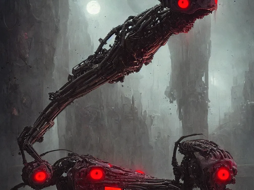 Prompt: an uncanny and sinister robot with red eyes and organic matter all over its body, by Greg Rutkowski and HR Giger, cinematic, horror, sci-fi, sharp focus, highly detailed