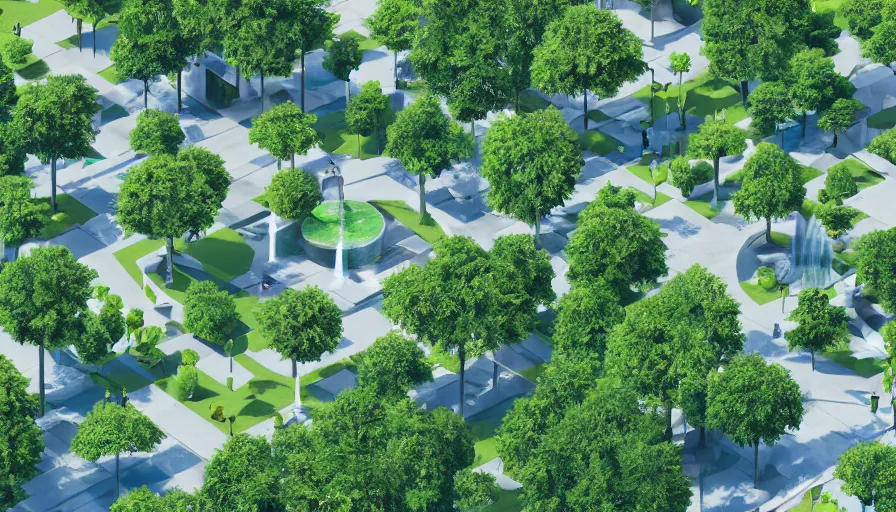 Image similar to crowded green square with trees and fountain surrounded by humongous blue shiny buildings, sunny day, volumetric light, wide view, hyperdetailed, artstation, cgsociety, 8 k