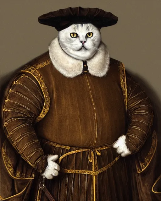 Image similar to fat gray cat with yellow eyes dressed like henry viii, tudor period menswear, hans holbein the younger, greg rutkowski, royal portrait, painting