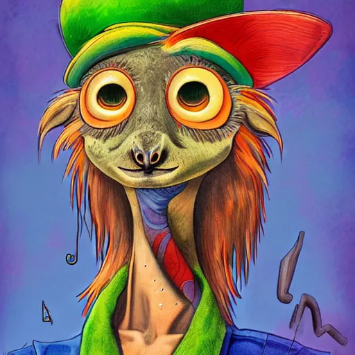 Image similar to a dik dik monster with tattoos wearing a fedora, colorful, digital art, fantasy, magic, trending on artstation, ultra detailed, professional illustration by basil gogos