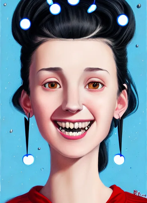 Image similar to portrait of high school girl, realistic, black hair, bangs, half updo hairstyle, pointy nose, skinny, smile, ugly, defined jawline, big chin, blue hair bow, earrings, intricate, elegant, glowing lights, highly detailed, digital painting, artstation, sharp focus, illustration, art by wlop, mars ravelo and greg rutkowski