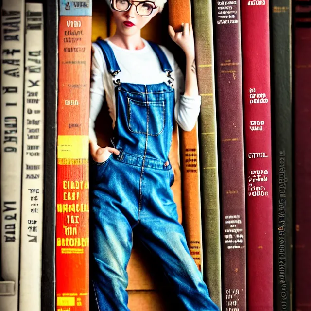 Image similar to full body pose, beautiful adult book fairy, pixar, short white hair shaved sides, dirty, grungy, grunge, long sleeve, painted overalls, stacks of giant books, highly detailed, 4 k, hdr, smooth, sharp focus, high resolution, award - winning photo, artgerm, photorealistic