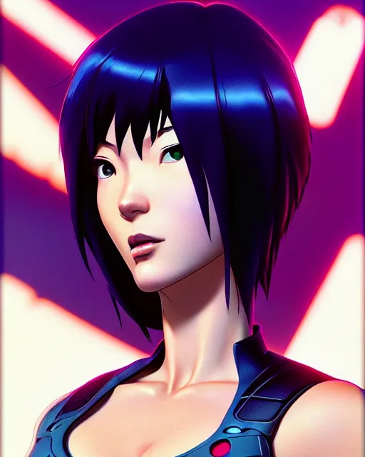 Image similar to weta disney pixar movie still portrait photo of motoko kusanagi the major ghost in the shell : : as cyborg woman by pixar : : by weta, wlop, ilya kuvshinov, rossdraws, artgerm, marvel, maxim cover, latex, octane render, sweaty, iridescent, bright morning, anime, liosh, mucha : :