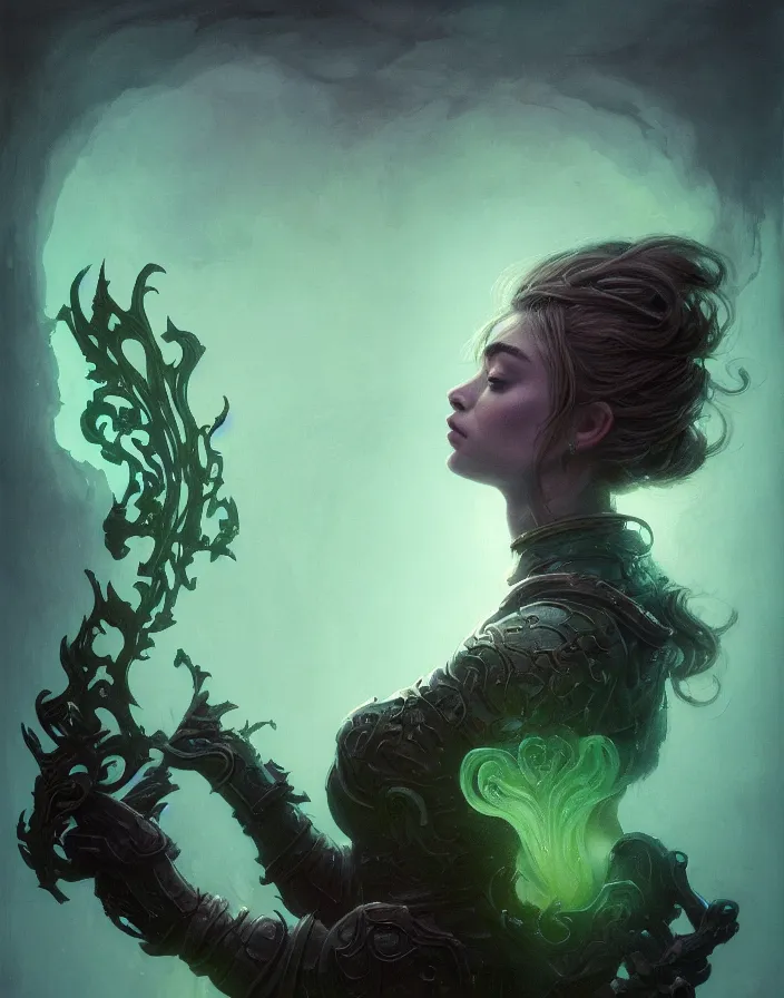 Image similar to side portrait, imogen poots, deathknight, gloomhaven, soft, smooth, luminescent, art nouveau tarot, haunting, pale green backlit glow, evil inky swirly ripples, sickly colors, 8 k, by greg rutkowski, jesper ejsing, rhads, ilya kuvshinov, cushart krenz