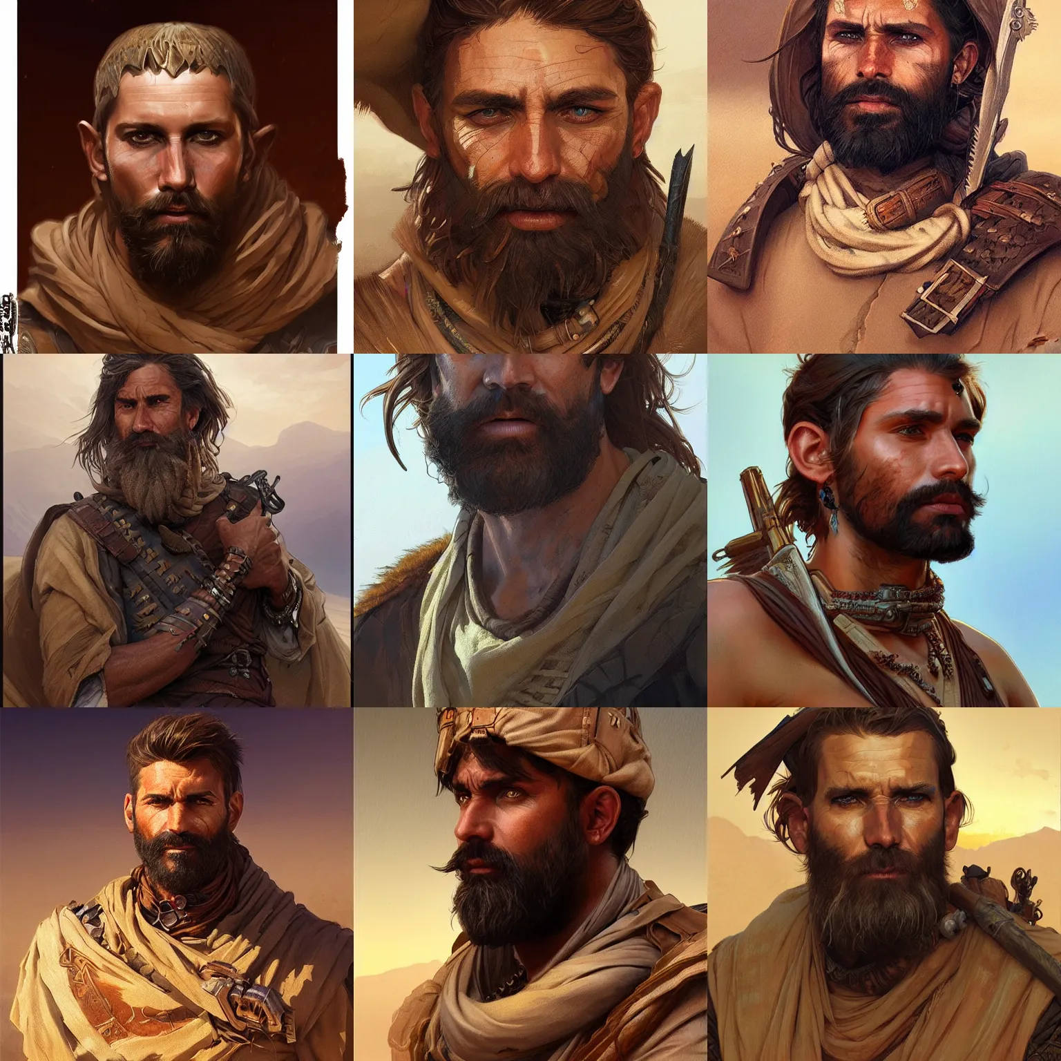 Prompt: male rugged bearded desert nomad warrior, portrait, D&D, fantasy, highly detailed, digital painting, artstation, concept art, sharp focus, illustration, art by artgerm and greg rutkowski and alphonse mucha