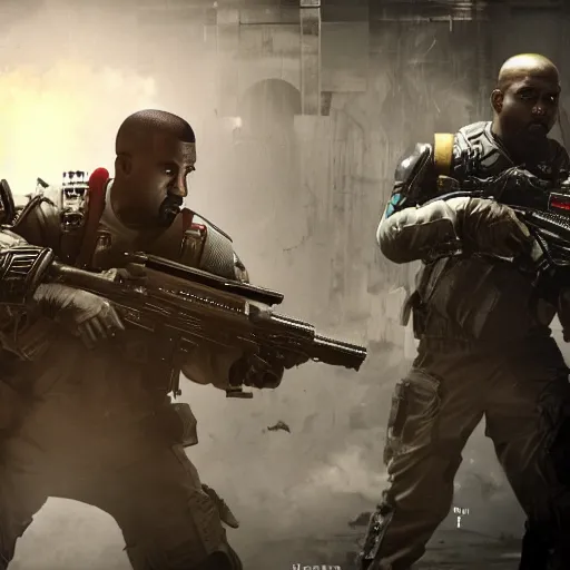 Image similar to kanye west as a ghostbuster in gears of war battlefield 5, splash art, movie still, cinematic lighting, dramatic, octane render, long lens, shallow depth of field, bokeh, anamorphic lens flare, 8 k, hyper detailed, 3 5 mm film grain