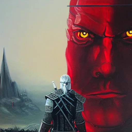 Image similar to a portrait of witcher, geralt of rivia with mordor in the background painting by elisabeth jerichau - baumann. red colors, painting, back tower, eye of sauron, oil on canvas, horizontally symmetric