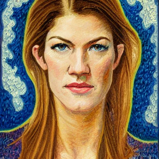 Image similar to professional painting of Jennifer Carpenter in the style of Henri-Edmond Cross, head and shoulders portrait, symmetrical facial features, smooth, sharp focus, illustration, intricate, stormy weather, extremely detailed masterpiece,