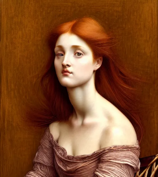 Prompt: portrait of a beautiful auburn - haired woman sitting upon a table with heightened detail, poised, intense emotion, detailed facial expression, detailed surroundings, intricate, elegant, highly detailed, centered, digital painting, artstation, concept art, smooth, sharp focus, illustration, by ( sir edward coley burne - jones ), wlop