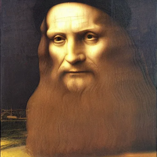 Prompt: an oil painting of leonardo da vinci in his computer generating his masterpiece using artificial intelligence, matte painting