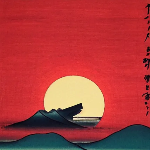 Image similar to “a bright red sunrise, in the style of Ukiyo-e”