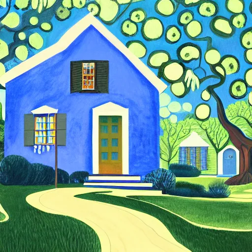 Prompt: a painting of a blue house under a tree, a gouache by charles e. burchfield, behance contest winner, american scene painting, storybook illustration, photoillustration, detailed painting