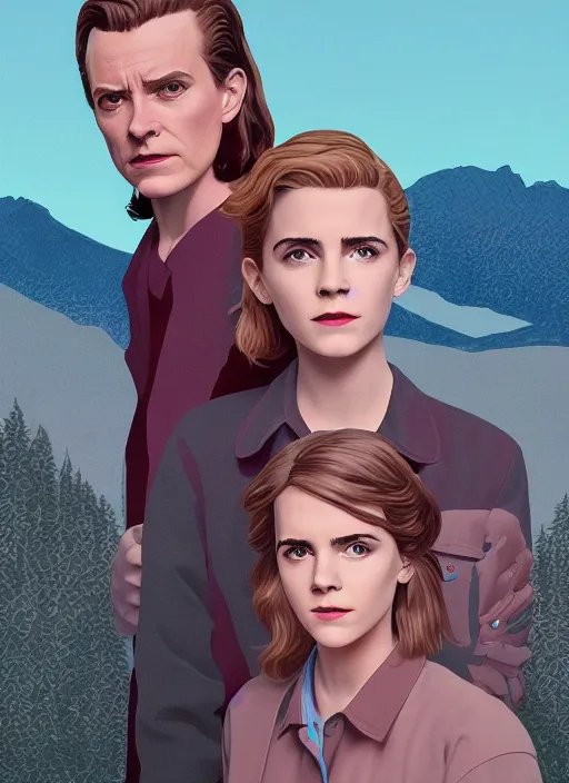 Image similar to Twin Peaks movie poster artwork by Michael Whelan and Tomer Hanuka, Rendering of Emma Watson & Kiernan Shipka hallucinating in order to meet David Bowie the god spirit, from a scene from Twin Peaks, clean, full of detail, Matte painting, trending on artstation and unreal engine