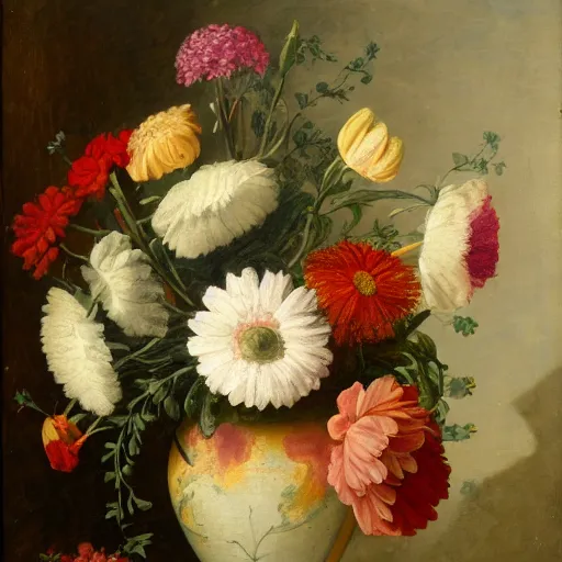 Prompt: a still life of a vase of flowers. the vase should be made of glass and the flowers should be a mix of roses, daisies, and lilies.