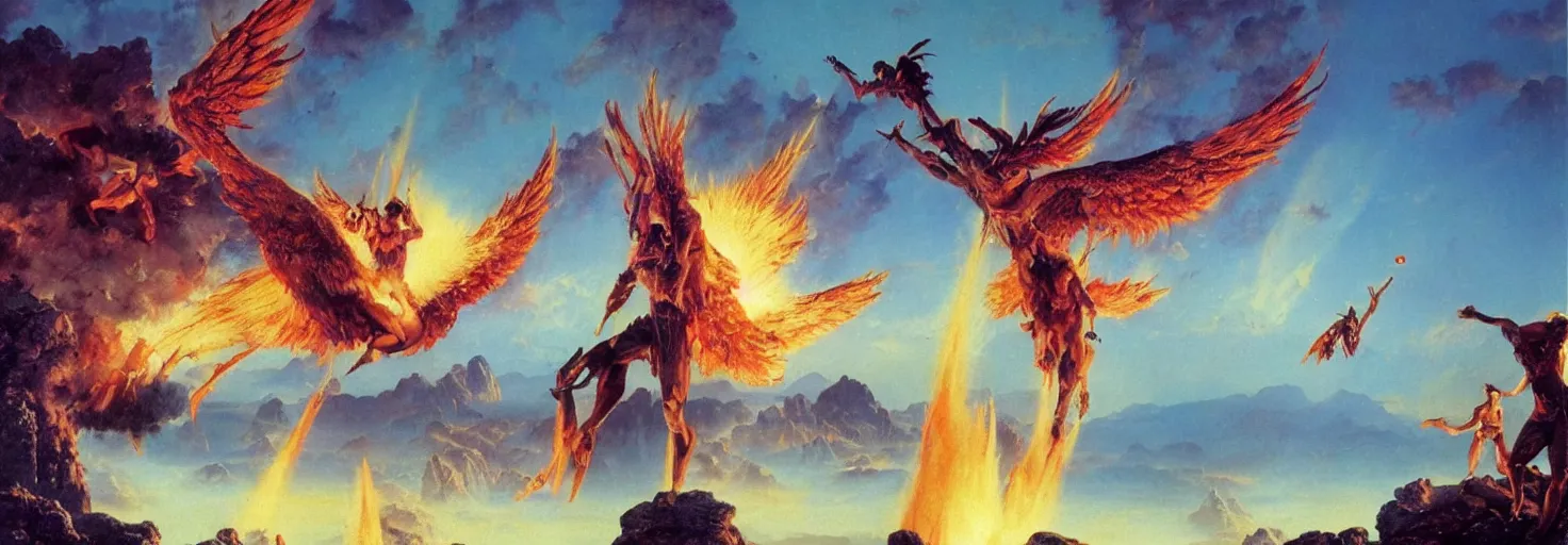 Image similar to an epic and awe-inspiring bruce pennington digital art landscape painting of Icarus crashing and burning while his father Daedalus looks on in disbelief