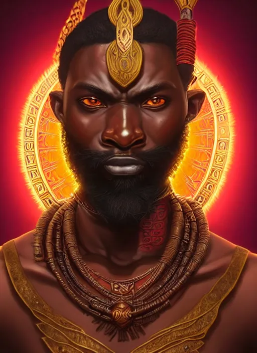 Image similar to angry orisha warrior god ogun, bronze skin tone stong and masculine, bushy beard, glowing red eyes, volumetric lights, mauve and gold scheme, tribal, intricate, highly detailed, digital painting, artstation, concept art, smooth, sharp focus, illustration, kemetic symbolism, art by artgerm and greg rutkowski and alphonse mucha