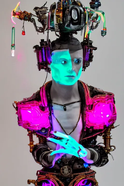 Image similar to full-body neon porcelain bladerunner style sculpture of a young handsome Italian prince as a high-fashion half-robot with a porcelain chest opening exposing a battery leaking radioactive liquid and electric sparks, glowing red laser beam eyes, crown of giant sapphires, flowing neon-colored silk, luminescent fabrics, mechanical raptors. baroque and steampunk elements. full-length view. baroque element. intricate artwork by caravaggio. Very very very very highly detailed epic photo of face. Trending on artstation, octane render, cinematic lighting from the right, hyper realism, octane render, 8k, depth of field, 3D